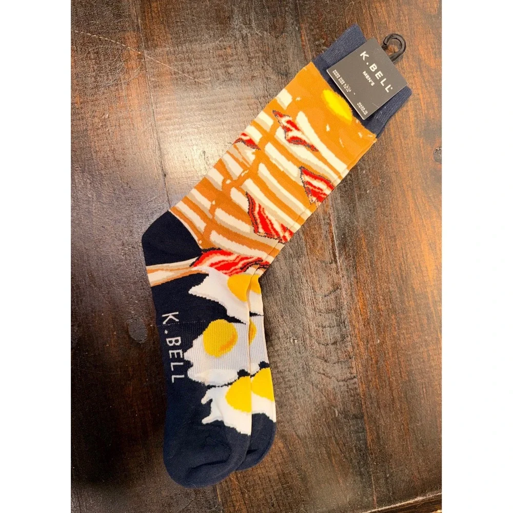 K.Bell Men's Crew Socks Breakfast Bacon Eggs‎ Fun Novelty Sz 10-13 Black